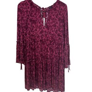 American Eagle Dress M Burgundy Floral Boho Bell Sleeve Ruffle Tiered Tassels